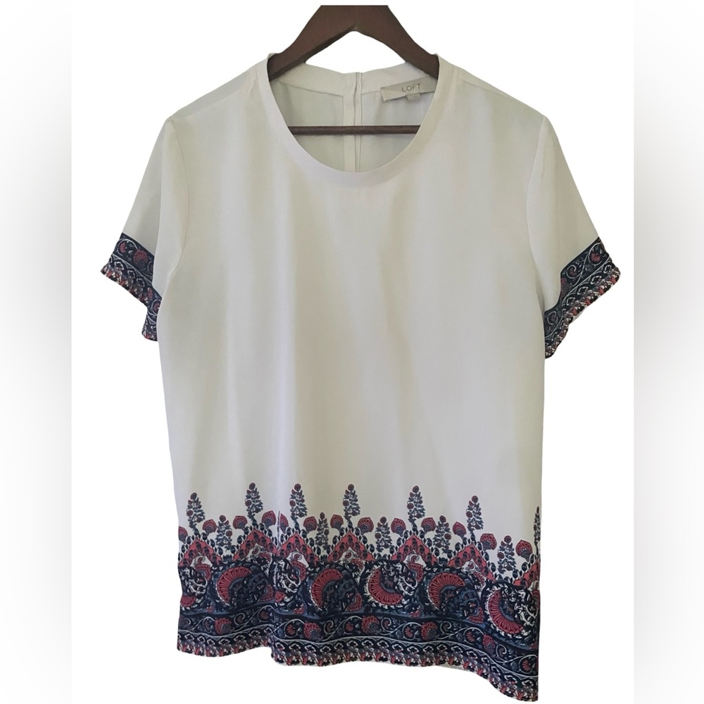 LOFT White Boho Border Hem Blouse | Size Large